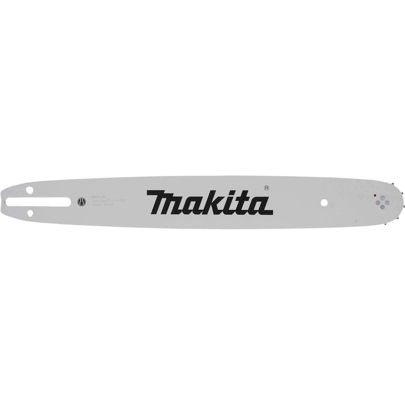 Eine silberne Kettensägeschiene mit dem Markennamen 'Makita', der in Schwarz quer über die Mitte gedruckt ist.