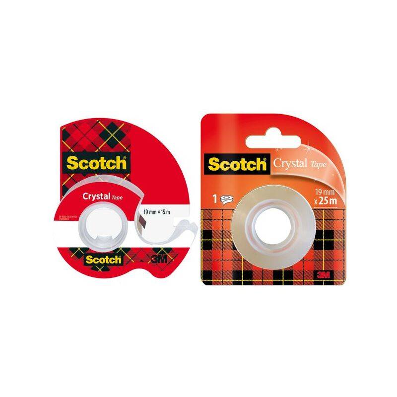 Zwei Rollen Scotch Crystal Klebeband, eine auf einem roten Abroller und eine in der Originalverpackung. Beide sind 19 mm breit; die Längen betragen 15 m bzw. 25 m.