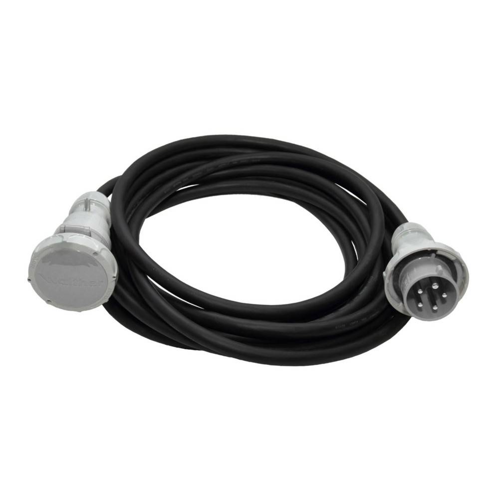 Ein schwarzes elektrisches Kabel mit einem Stecker an jedem Ende, wobei ein Ende drei Stifte hat, aufgewickelt in einer Schleife.