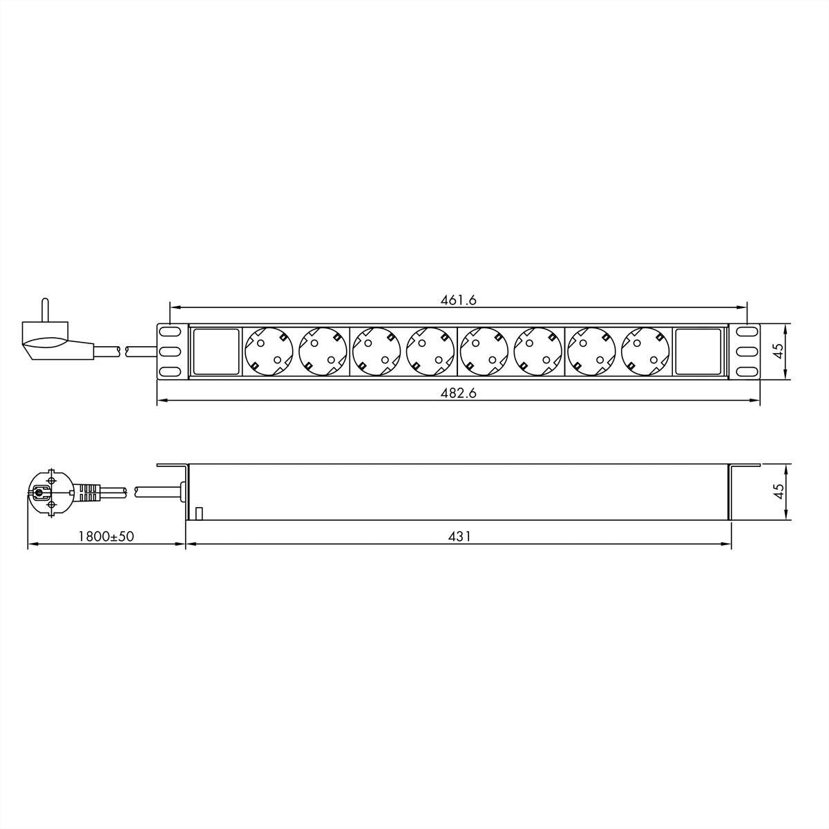VALUE 19-Zoll-Steckdosenleiste 8fach, 1 HE, Schutzkontakt-Stecker, 1,8 m