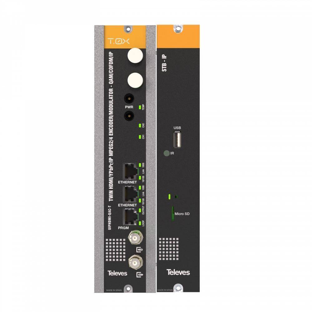 Televes T.0X HDMI-Modulator' mit Frontplatte, die Anschlüsse für Stromversorgung, Ethernet, USB, Micro-SD sowie LED-Anzeigen zeigt.