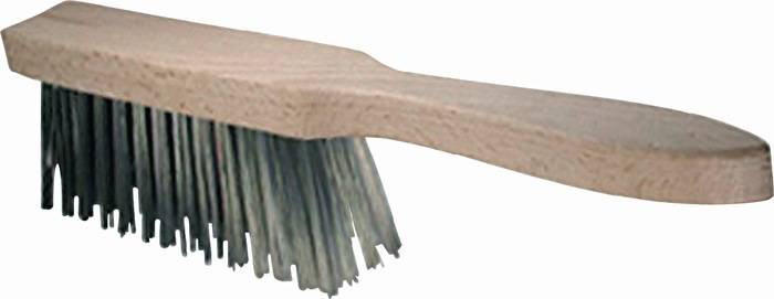 Eine Drahtbürste mit Holzgriff, mit Nahaufnahme der Borsten, die zum Reinigen oder zum Entfernen von Rost und Farbe verwendet wird.