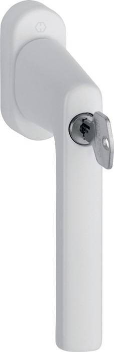 Eine Nahaufnahme eines Fenstergriffs mit einem eingelegten Schlüssel, der einen Verschlussmechanismus zur Sicherung hervorhebt.