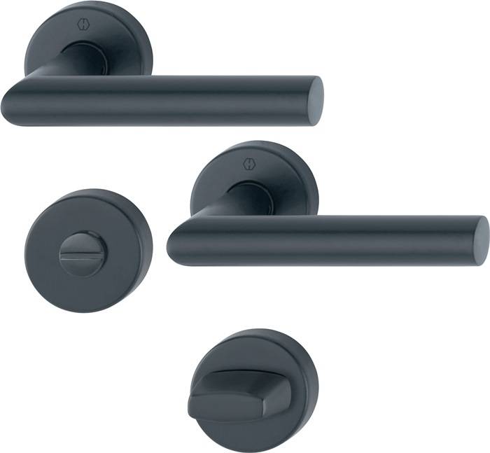 Ein Set aus eleganten schwarzen Türgriffen und Schlössern mit modernem, minimalistischem Design. Das Bild zeigt sowohl Hebelgriff- als auch kreisförmige Schlossarten.