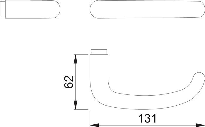 Diagramm eines Türgriffs. Es zeigt Abmessungen: 62 mm Höhe und 131 mm Länge.