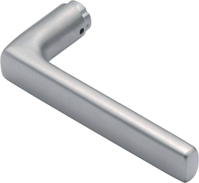 Eine Metallgriff in L-Form mit glatter, gebürsteter Oberfläche, wahrscheinlich für Türen oder Schränke verwendet.