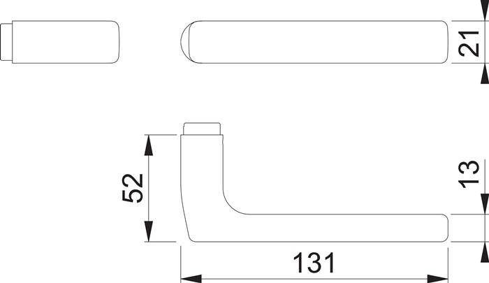 Technische Zeichnung eines Türgriffs mit beschrifteten Abmessungen von 52 mm Höhe und 131 mm Breite, die Größe und Form veranschaulicht.