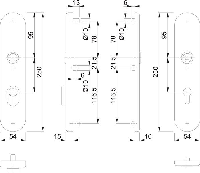 Technische Zeichnung eines Schlossmechanismus mit beschrifteten Abmessungen. Wichtige Maßangaben umfassen eine Gesamthöhe von 250 mm, eine Breite von 95 mm und einen Schlüssellochabstand von 116,5 mm.