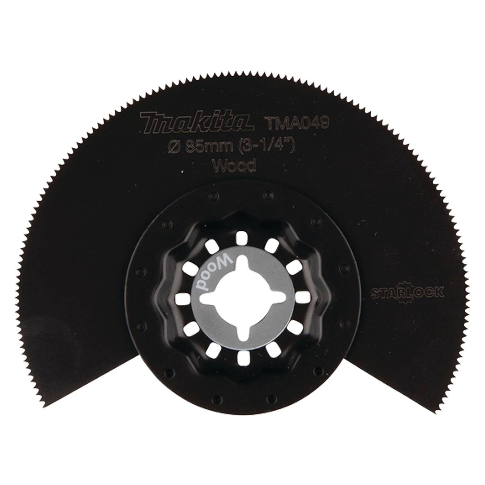 Eine schwarze kreisförmige Sägeblatt mit der Bezeichnung 'Makita TMA049' für Holz, misst 85 mm (3-1/4