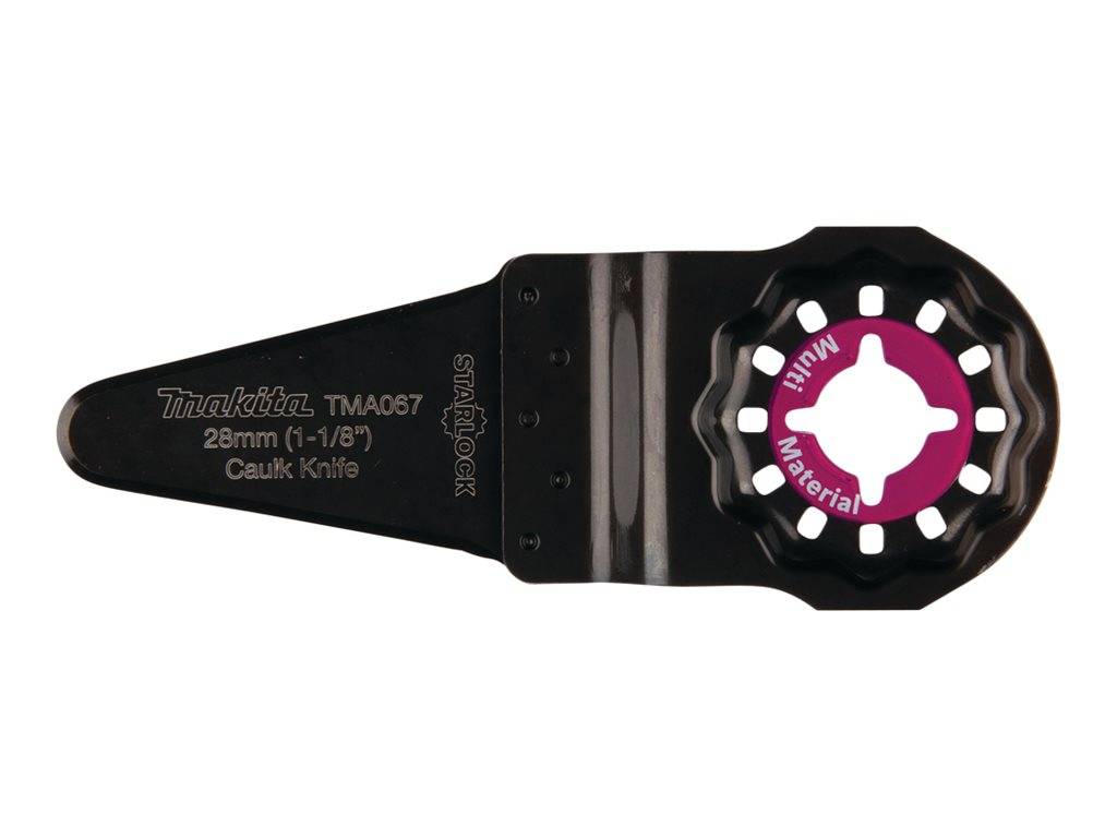 Schwarzes Makita-Fugenmesser-Werkzeugaufsatz mit 28 mm Breite und einem runden violetten Schneidrad auf weißem Hintergrund.