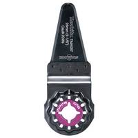 Schwarze oszillierende Multi-Tool-Klinge mit violettem kreisförmigem Mittelnaben und silberner Montageplatte auf weißem Hintergrund.
