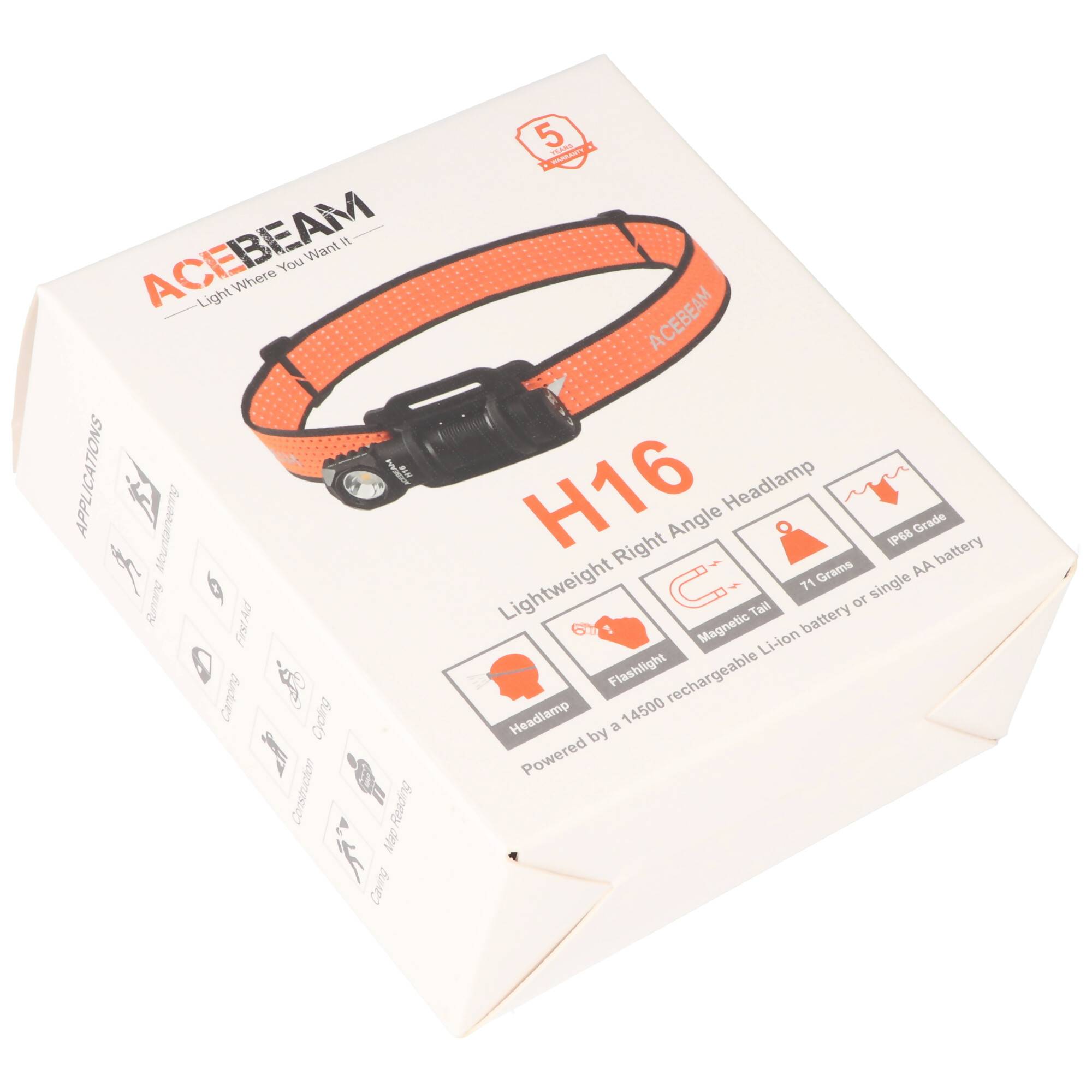 AceBeam H16 LED Stirnlampe mit max. 1.000 Lumen, 6.500K kaltweiß mit grauem Gehäuse, reflektierendes Kopfband, inklusive