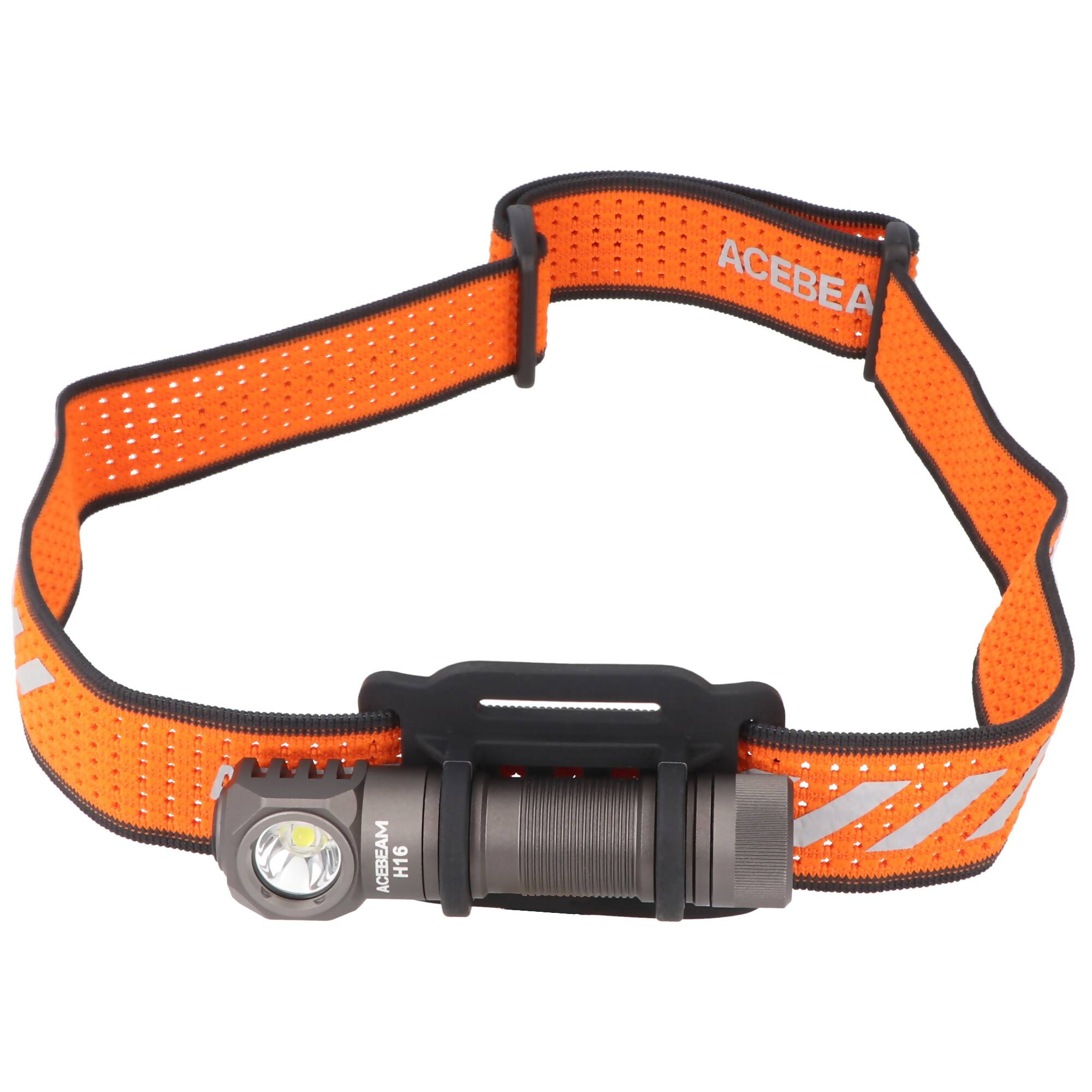 AceBeam H16 LED Stirnlampe mit max. 1.000 Lumen, 6.500K kaltweiß mit grauem Gehäuse, reflektierendes Kopfband, inklusive