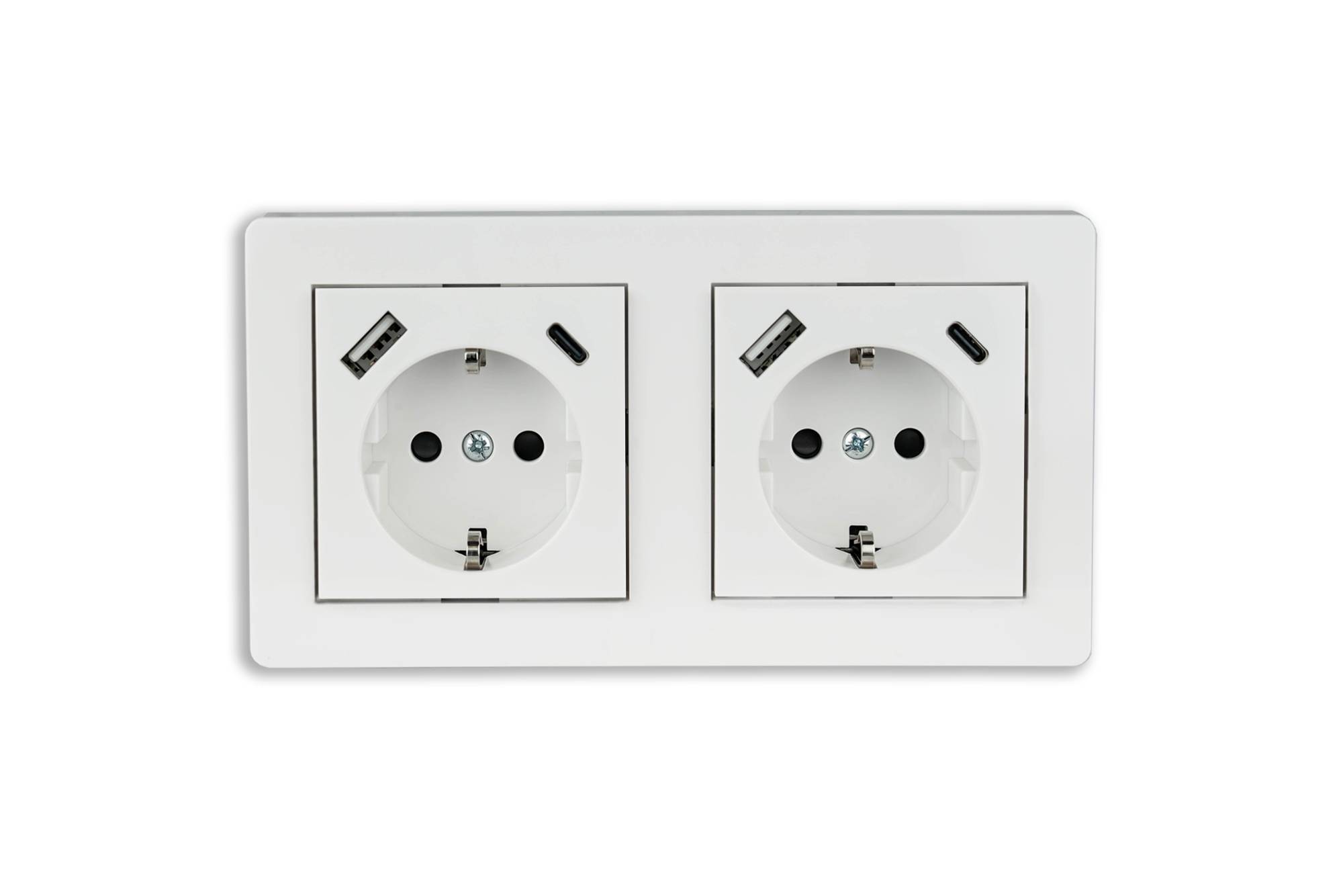 Schutzkontakt-Einbausteckdose 2-fach, jeweils mit USB-C™ und USB-A Buchse, inkl. Doppelrahmen, signalweiß