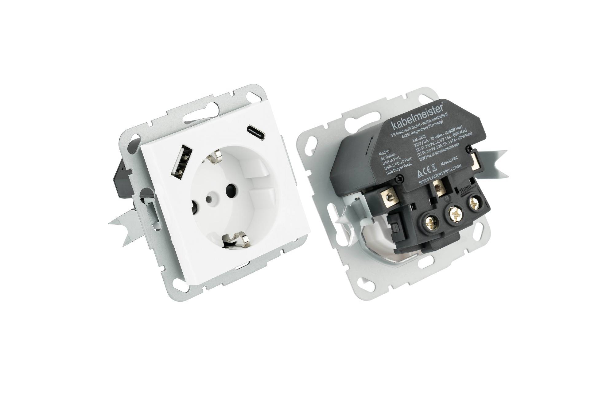 Schutzkontakt-Einbausteckdose 2-fach, jeweils mit USB-C™ und USB-A Buchse, inkl. Doppelrahmen, signalweiß