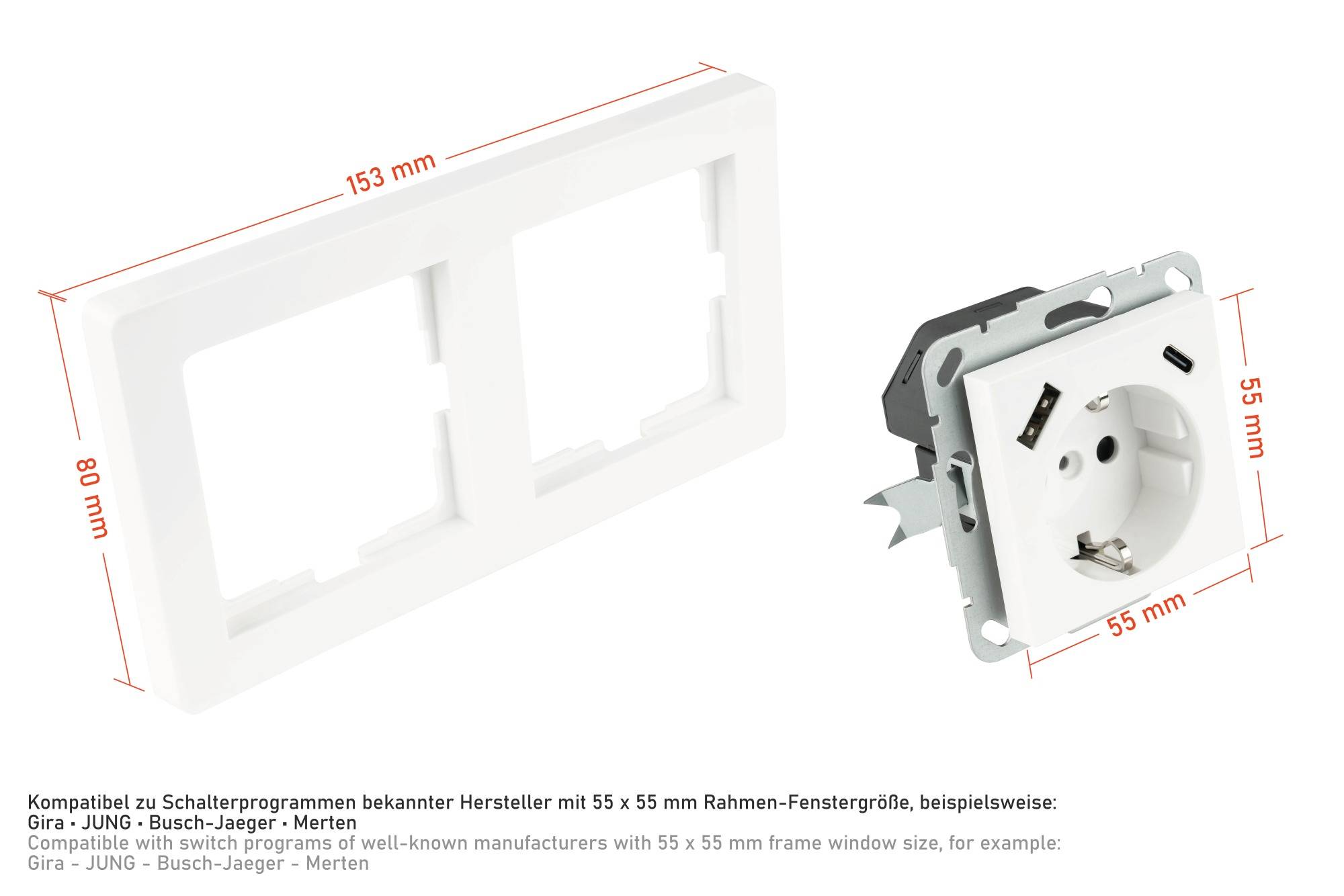 Schutzkontakt-Einbausteckdose 2-fach, jeweils mit USB-C™ und USB-A Buchse, inkl. Doppelrahmen, signalweiß