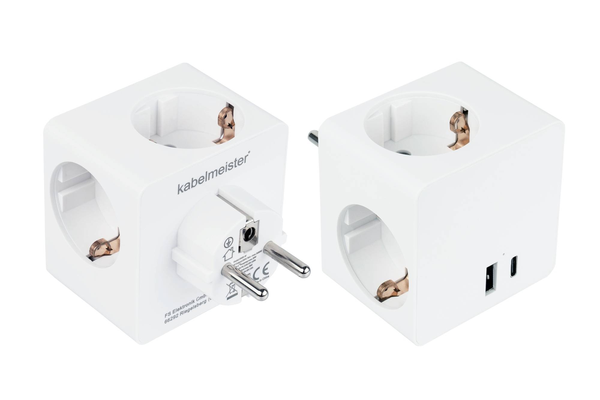 Steckdosenwürfel mit 3x Schutzkontakt-Buchse, USB-C™ (20W, PD 3.0) und USB-A Buchse (18W), weiß