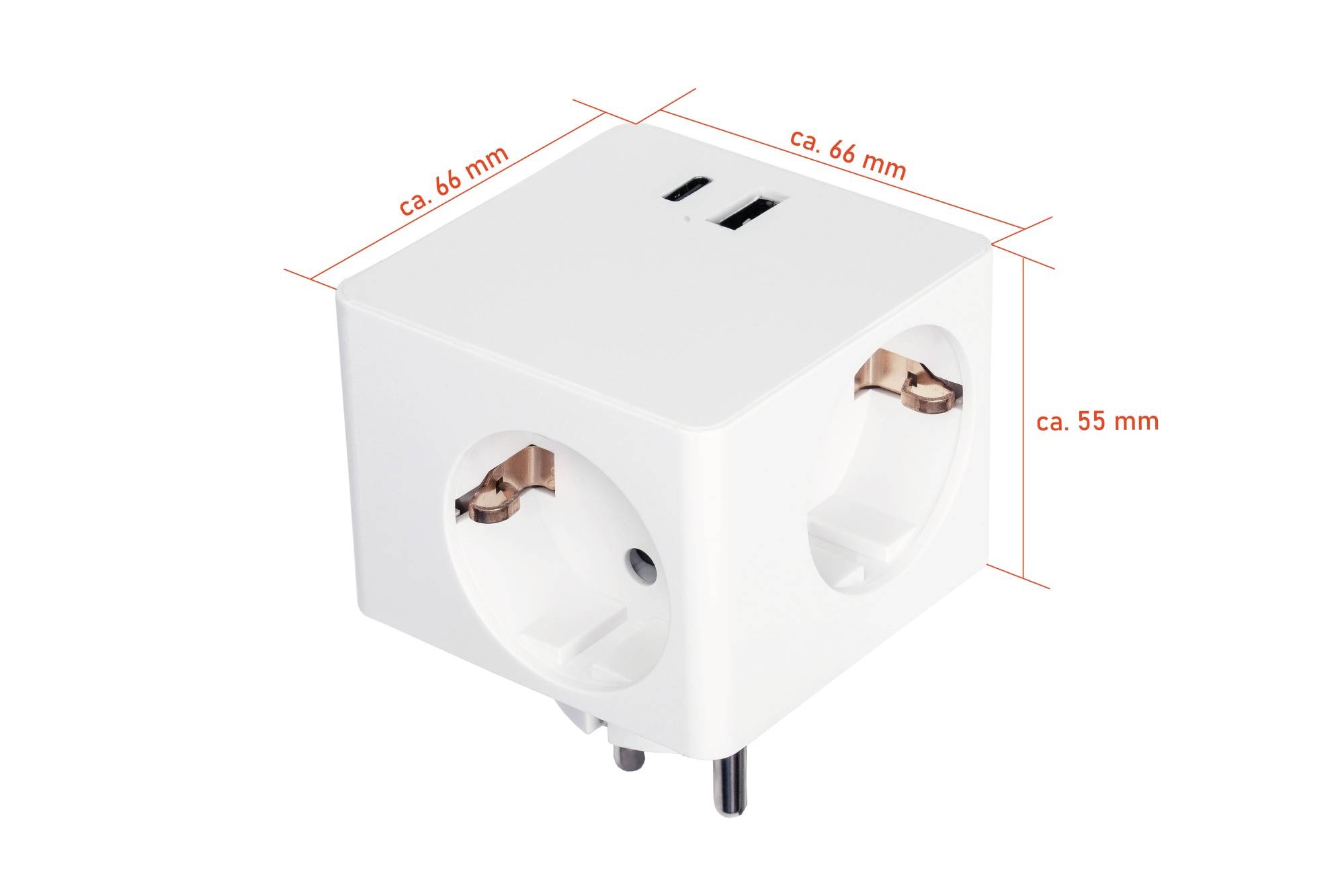 Steckdosenwürfel mit 3x Schutzkontakt-Buchse, USB-C™ (20W, PD 3.0) und USB-A Buchse (18W), weiß