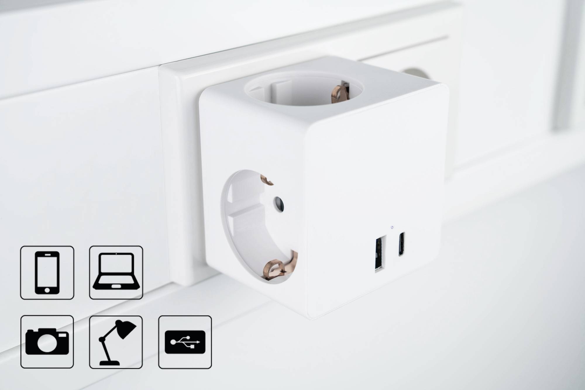 Steckdosenwürfel mit 3x Schutzkontakt-Buchse, USB-C™ (20W, PD 3.0) und USB-A Buchse (18W), weiß