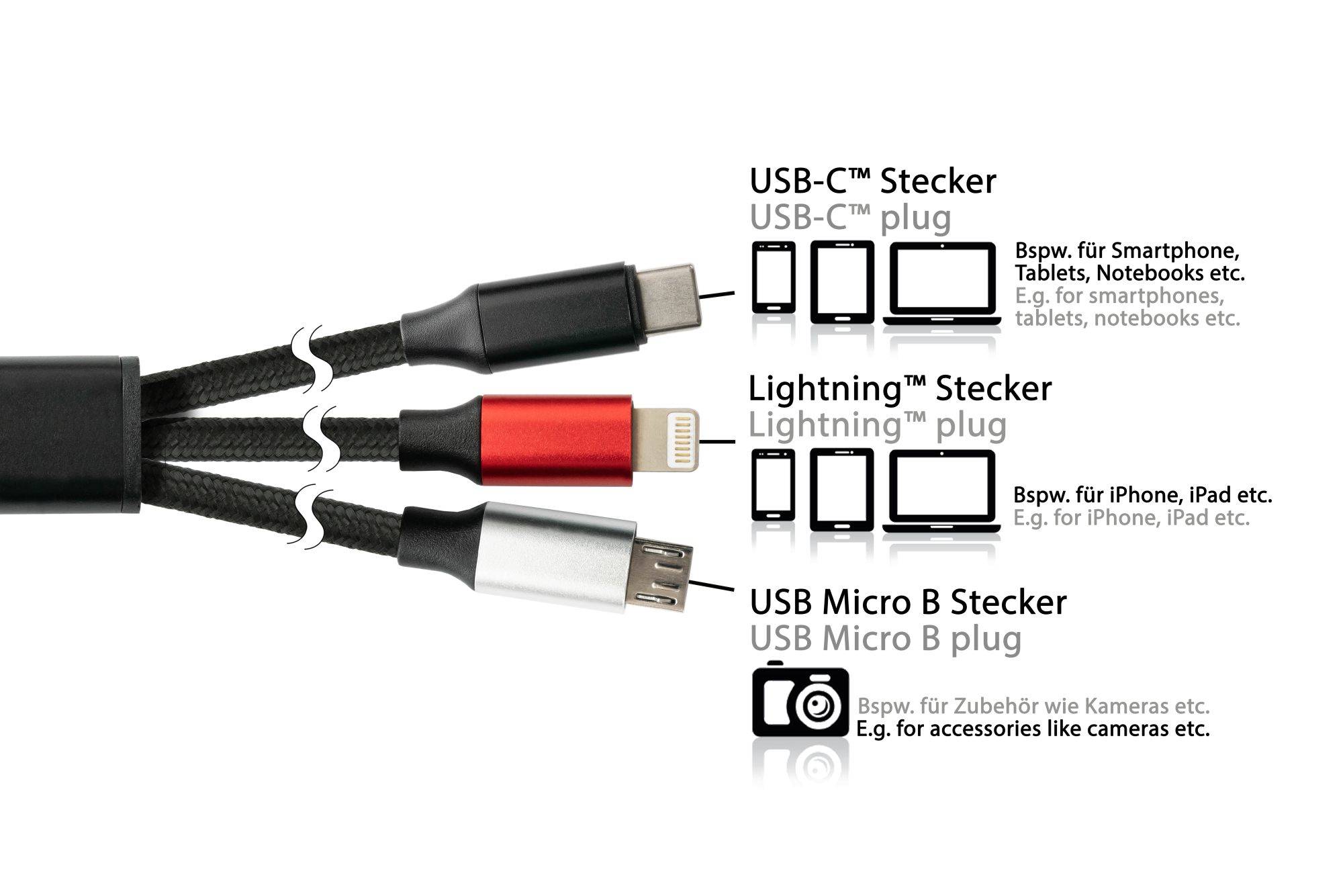 USB 6-in-1 Ladekabel, USB-A und USB-C™ an USB-C™ / USB Micro B / Lightning™, Textilmantel, schwarz, 1,2m,PYTHON® Series