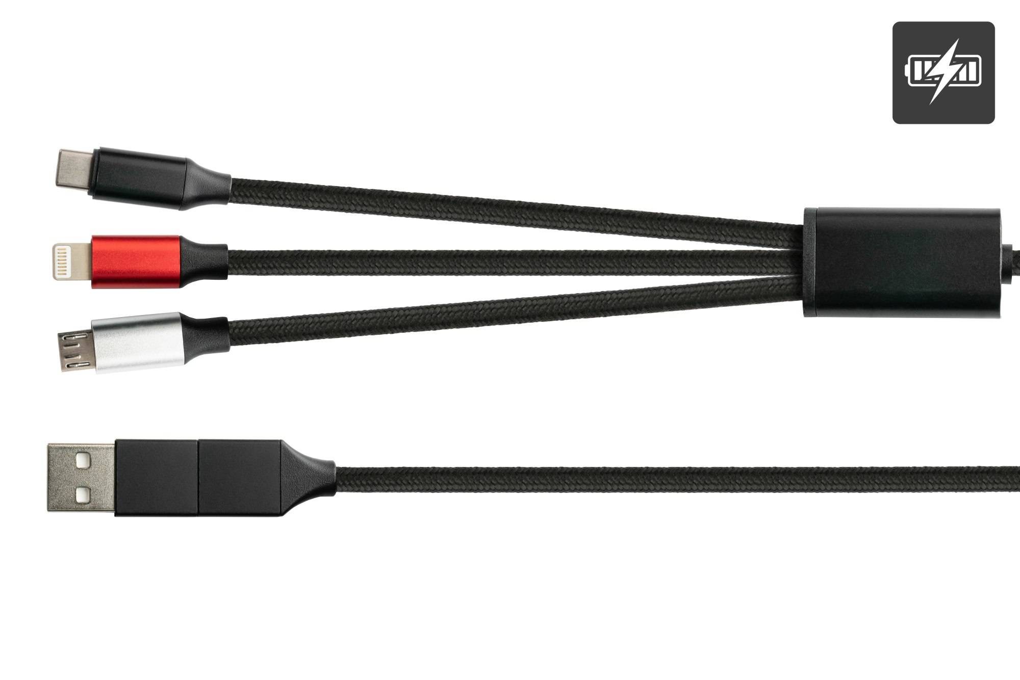 USB 6-in-1 Ladekabel, USB-A und USB-C™ an USB-C™ / USB Micro B / Lightning™, Textilmantel, schwarz, 1,2m,PYTHON® Series