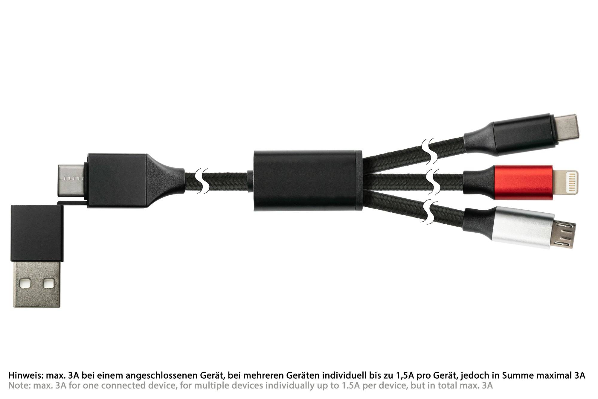 USB 6-in-1 Ladekabel, USB-A und USB-C™ an USB-C™ / USB Micro B / Lightning™, Textilmantel, schwarz, 1,2m,PYTHON® Series