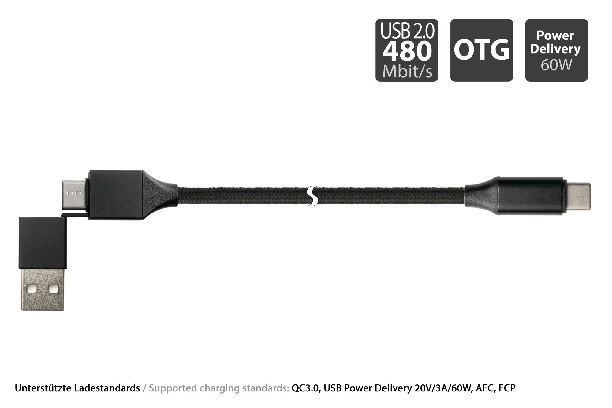 USB 2.0 Lade- und Datenkabel, USB-A und USB-C™ an USB-C™, QC 3.0, PD 60W, Textilmantel, schwarz, 1m, PYTHON® Series