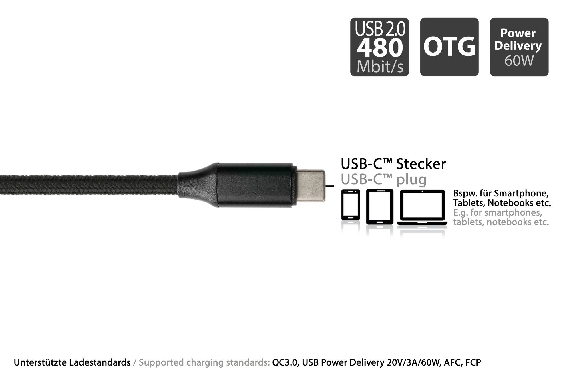 USB 2.0 Lade- und Datenkabel, USB-A und USB-C™ an USB-C™, QC 3.0, PD 60W, Textilmantel, schwarz, 1m, PYTHON® Series