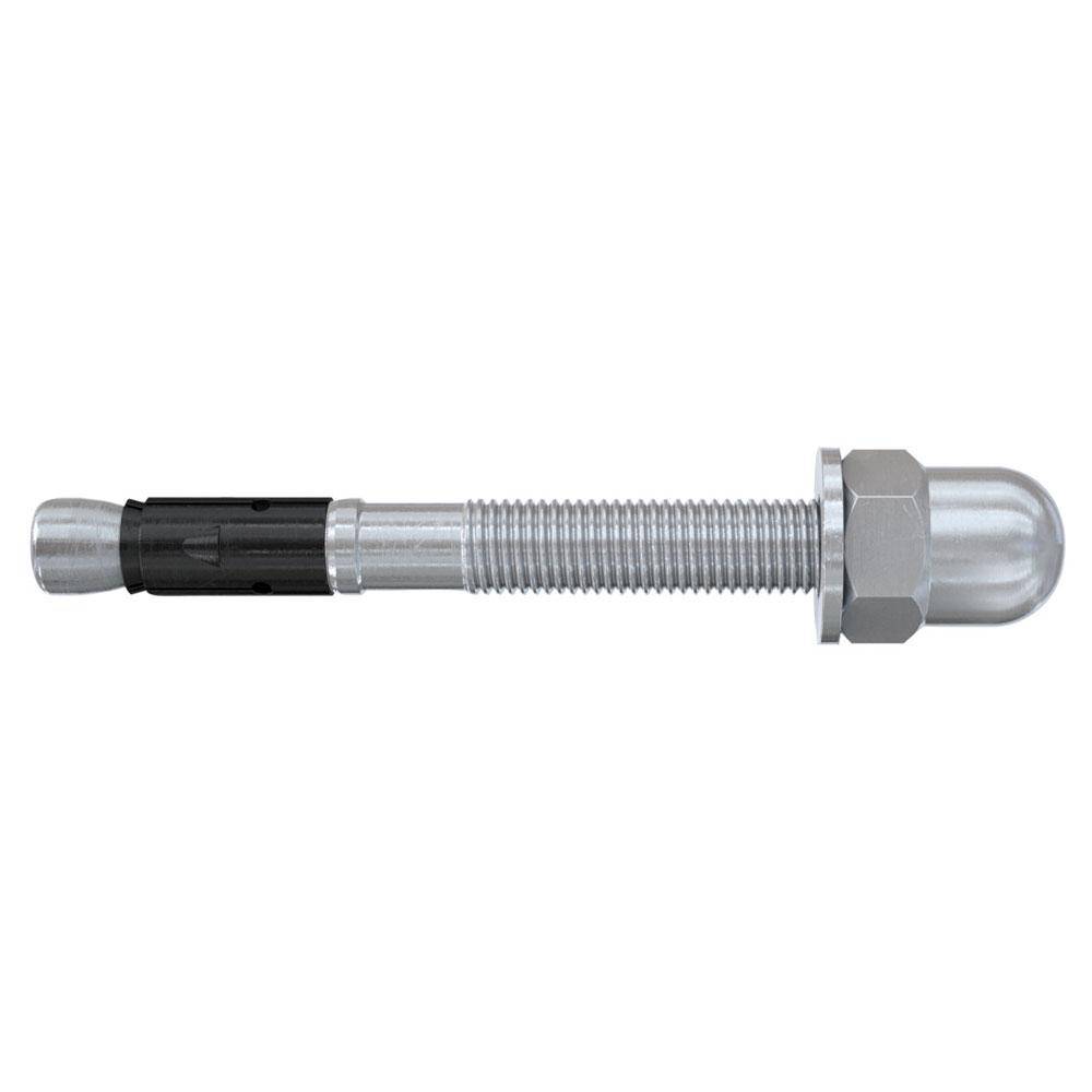 Metallankerbolt mit Gewindewelle, Sechskantmutter und Schutzkappe auf weißem Hintergrund.