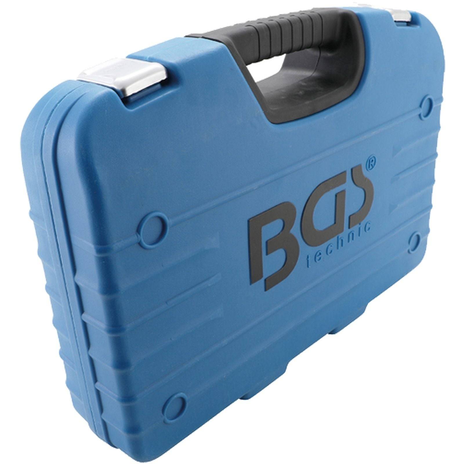 Ein blauer Kunststoff-Werkzeugkoffer mit schwarzem Griff und dem Text 'BGS technic' an der Seite.