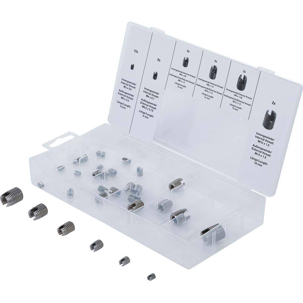 Gewindeeinsätze-Sortiment - selbstschneidend - konische Form - Innengewinde M3 bis M10 - Außengewinde M5 bis M14 - 32-tlg.