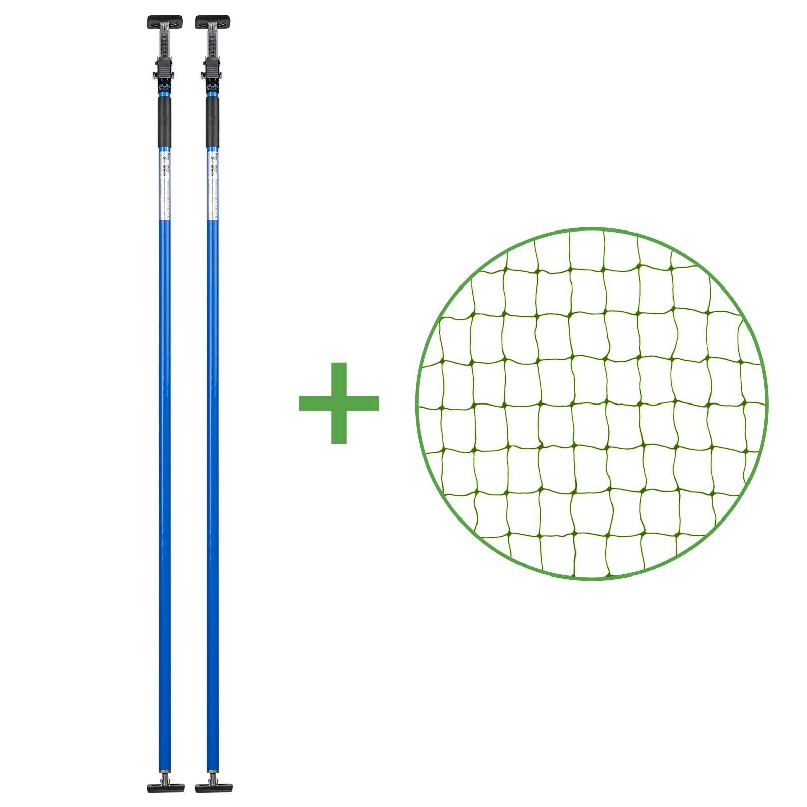 Set - Katzenschutznetz Dunkelgrün (drahtverstärkt) 3x3 m + 2 Teleskopstützen Blau 160-290 cm