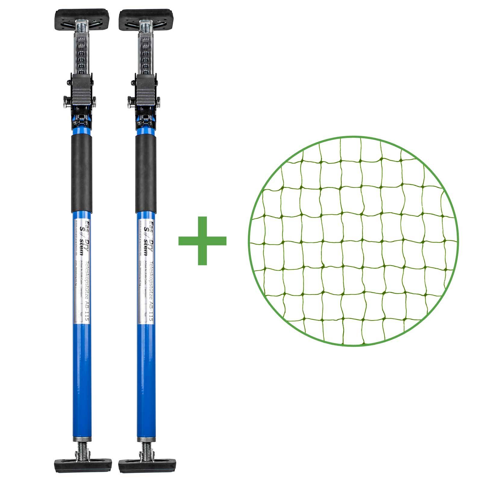 Set - Katzenschutznetz Dunkelgrün (drahtverstärkt) 6x3 m + 2 Teleskopstützen Blau 65-115 cm