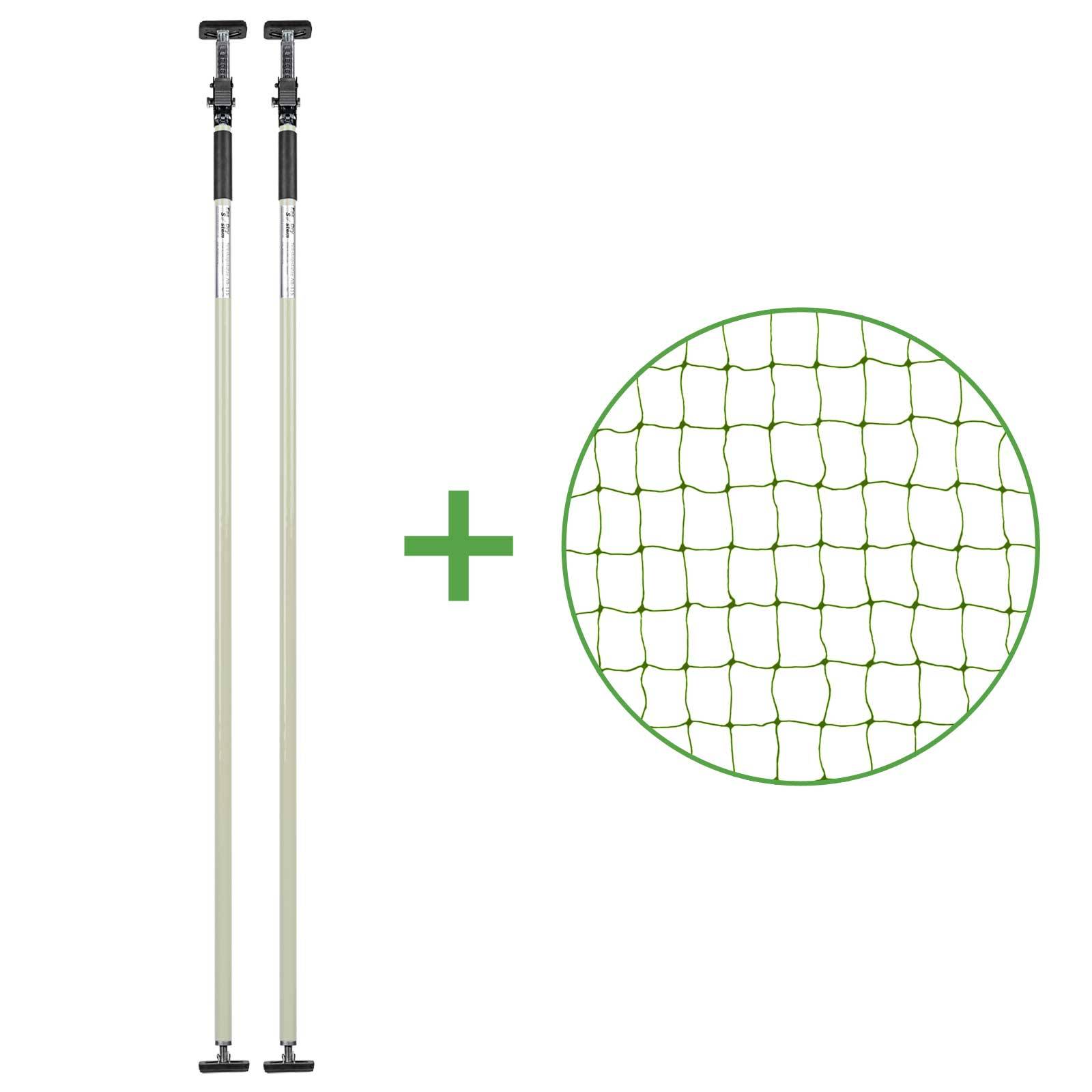 Set - Katzenschutznetz Dunkelgrün (drahtverstärkt) 3x3 m + 2 Teleskopstützen Weiß 160-290 cm