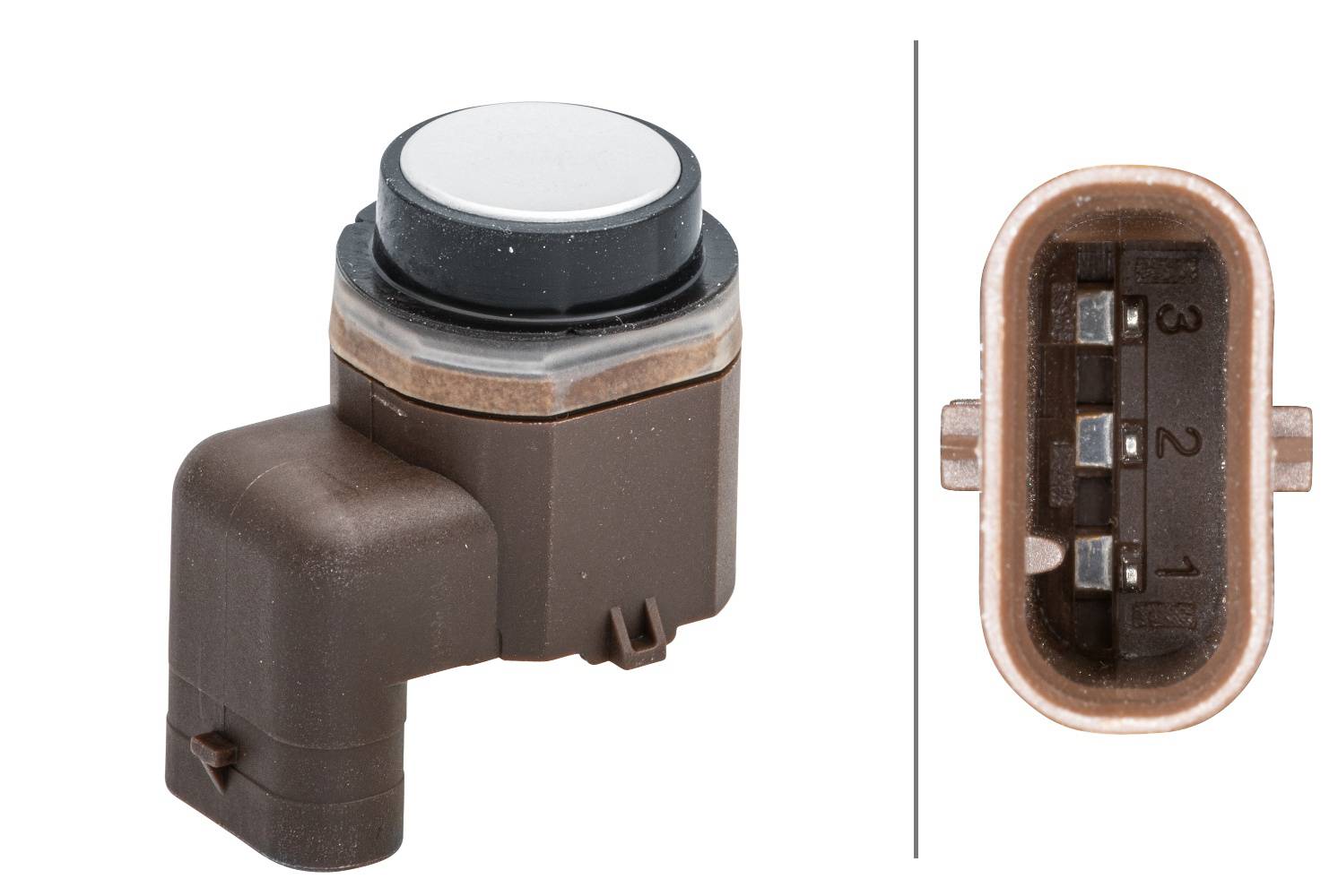HELLA 6PX 358 141-321 Sensor, Einparkhilfe - gewinkelt - 3-polig - gesteckt - lackierbar - mit Befes