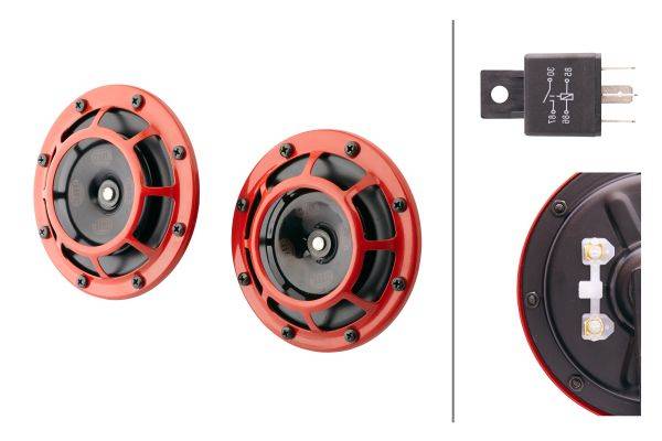 HELLA 3AG 003 399-801 Horn - B133 - 12V - Frequenzbereich: 300/500Hz - Starkton - Gehäusefarbe: rot/