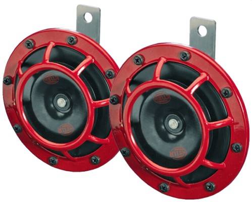 HELLA 3AG 003 399-801 Horn - B133 - 12V - Frequenzbereich: 300/500Hz - Starkton - Gehäusefarbe: rot/