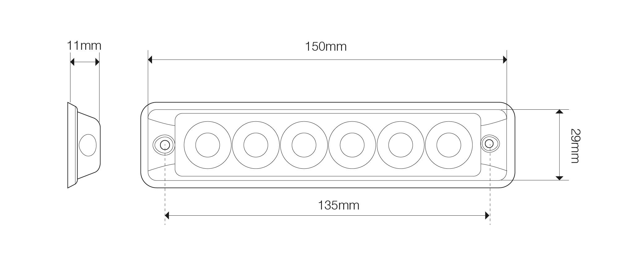LED Blitzmodul, LED-Farbe Gelb, 6 x 3 Watt LEDs, ECE R65, 11 mm Aufbauhöhe
