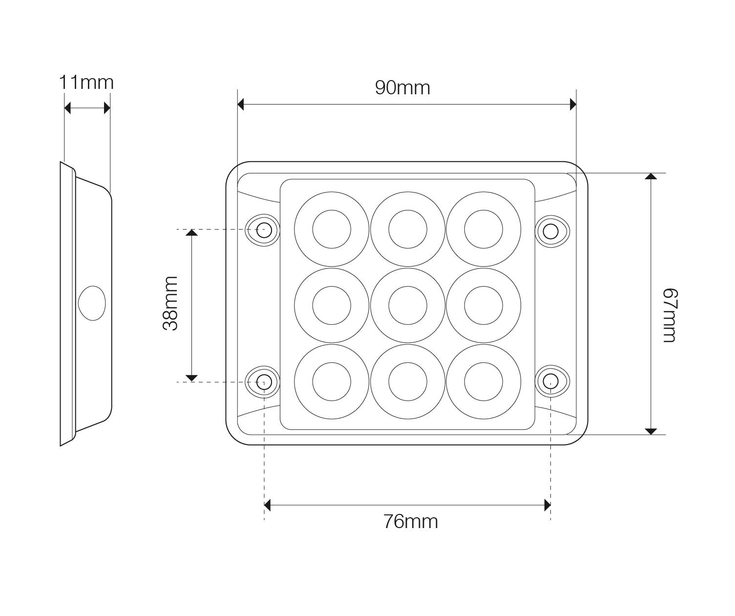 LED Blitzmodul, LED-Farbe Gelb, 9 x 3 Watt LEDs, 11 mm Aufbauhöhe