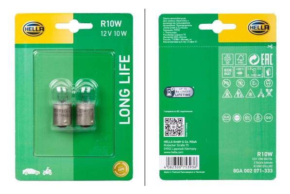 HELLA 8GA 002 071-333 Glühlampe - R10W - Long Life up to 3x longer lifetime - 12V - 10W - Sockelausf