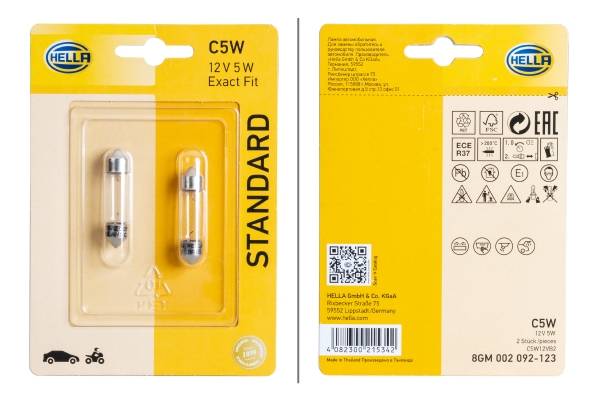HELLA 8GM 002 092-123 Glühlampe - C5W - Standard - 12V - 5W - Sockelausführung: SV8,5-8 - Blisterpac