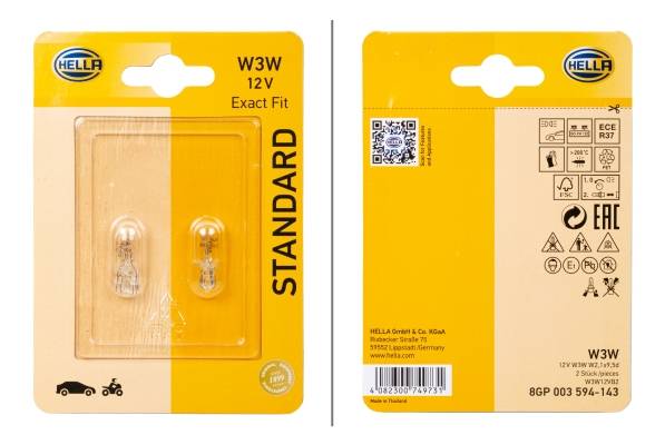 HELLA 8GP 003 594-143 Glühlampe - W3W - Standard - 12V - 3W - Sockelausführung: W2,1x9,5d - Blister