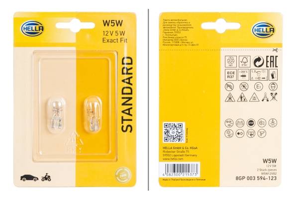HELLA 8GP 003 594-123 Glühlampe - W5W - Standard - 12V - 5W - Sockelausführung: W2,1x9,5d - Blister