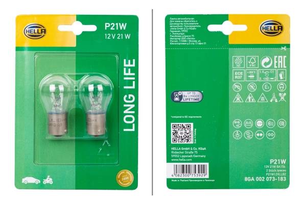 HELLA 8GA 002 073-183 Glühlampe - P21W - Long Life up to 3x longer lifetime - 12V - 21W - Sockelausf