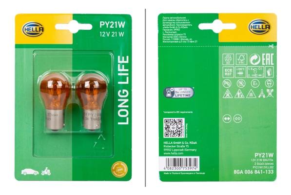 HELLA 8GA 006 841-133 Glühlampe - PY21W - Long Life up to 3x longer lifetime - 12V - 21W - Sockelaus