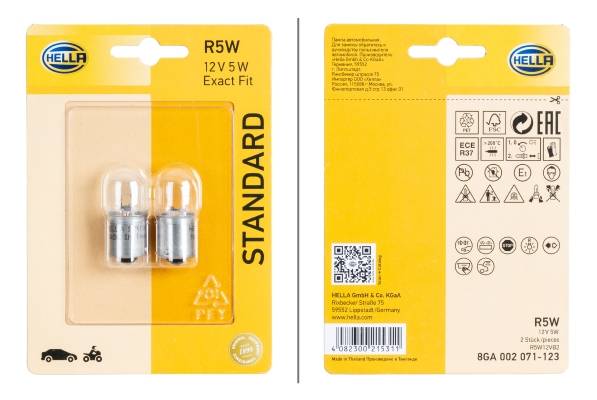 HELLA 8GA 002 071-123 Glühlampe - R5W - Standard - 12V - 5W - Sockelausführung: BA15s - Blisterpack