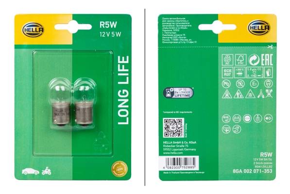 HELLA 8GA 002 071-353 Glühlampe - R5W - Long Life up to 3x longer lifetime - 12V - 5W - Sockelausfüh