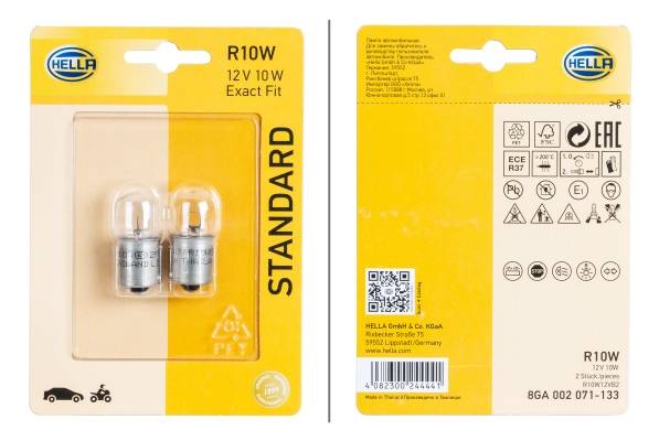 HELLA 8GA 002 071-133 Glühlampe - R10W - Standard - 12V - 10W - Sockelausführung: BA15s - Blisterpac