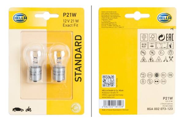 HELLA 8GA 002 073-123 Glühlampe - P21W - Standard - 12V - 21W - Sockelausführung: BAY15s - Blisterpa
