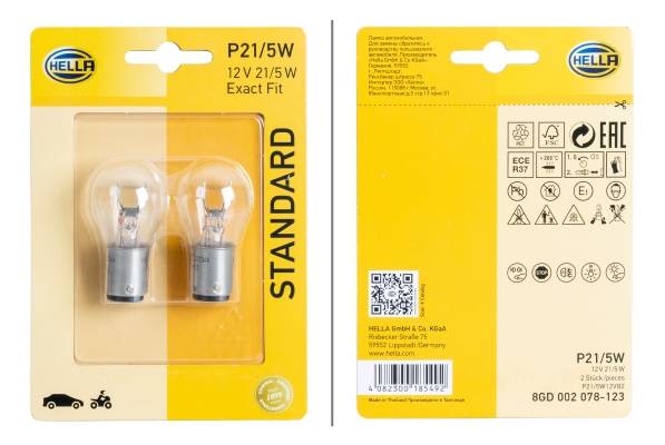 HELLA 8GD 002 078-123 Glühlampe - P21/5W - Standard - 12V - 5W - Sockelausführung: BAY15d - Blisterp